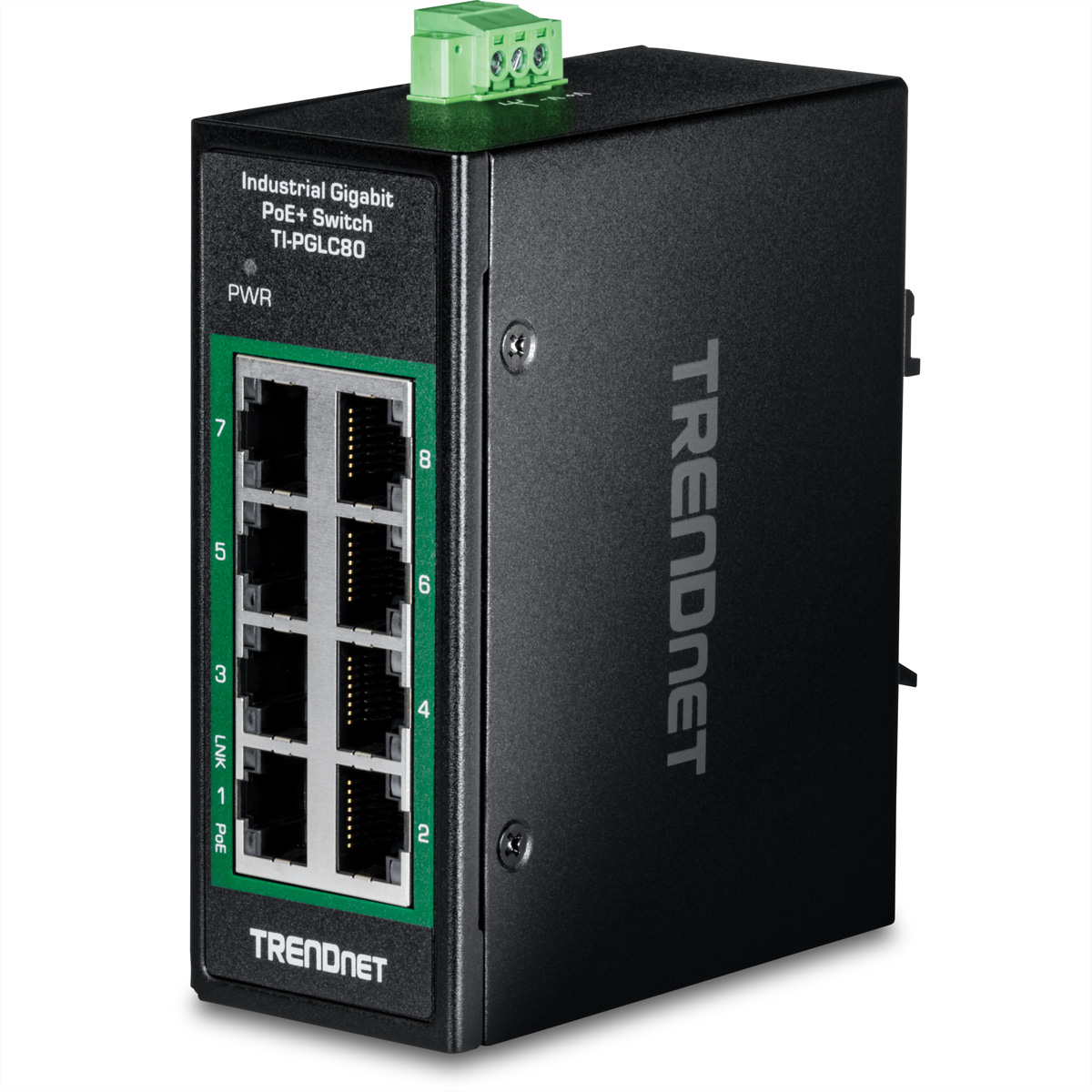 Commutateur TRENDnet Gigabit PoE+ industriel noir. Huit ports, étiquetés 1-8. Connecteur vert en haut. Marque latérale.