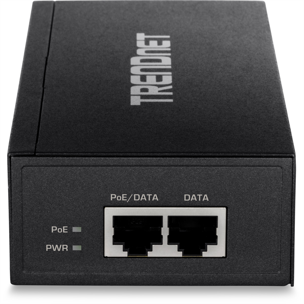 Appareil TRENDnet noir avec ports PoE/DATA et DATA. LED vertes pour PoE et PWR. Fond blanc.