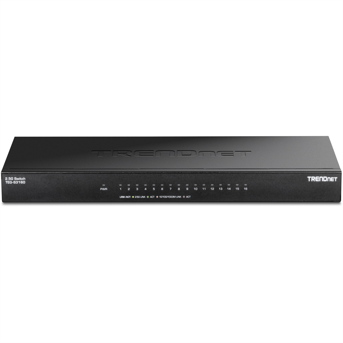 Schwarzer TRENDnet 2,5G Switch mit 16 Ports und beschrifteten Lichtern.