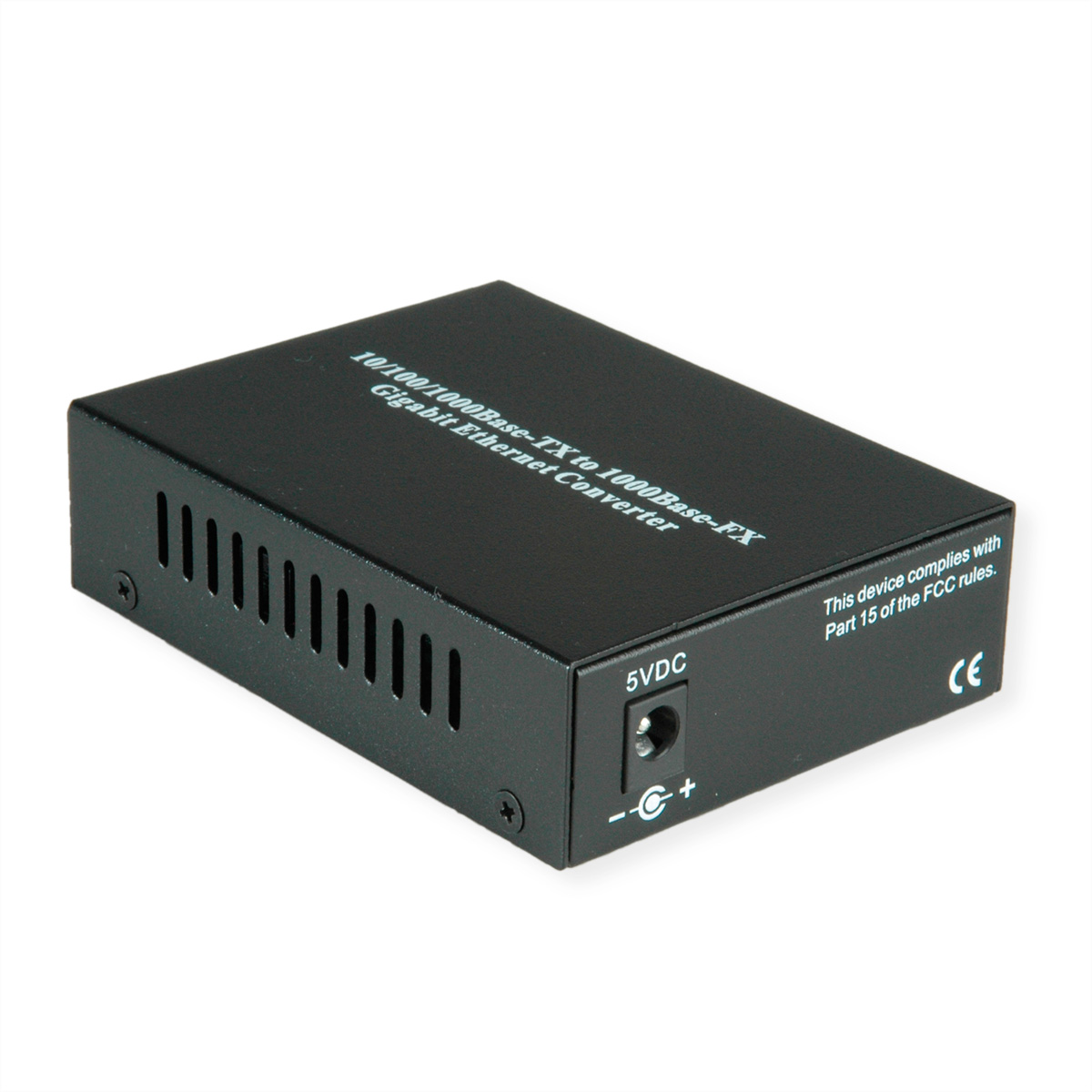 Convertisseur Gigabit Ethernet noir. Port 5VDC. Fond blanc.