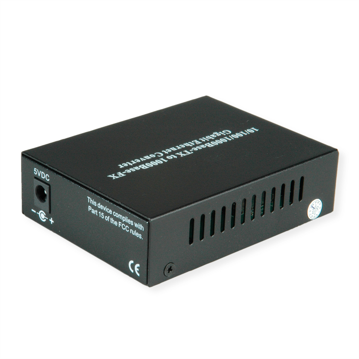 Convertisseur Gigabit Ethernet noir avec étiquettes. Fond blanc.