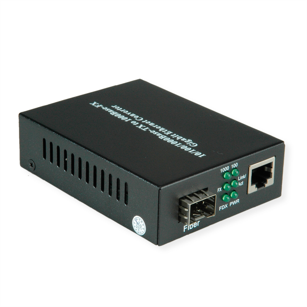 Convertisseur Gigabit Ethernet noir avec ports pour fibre, 10/100/1000Base-TX et indicateurs LED.