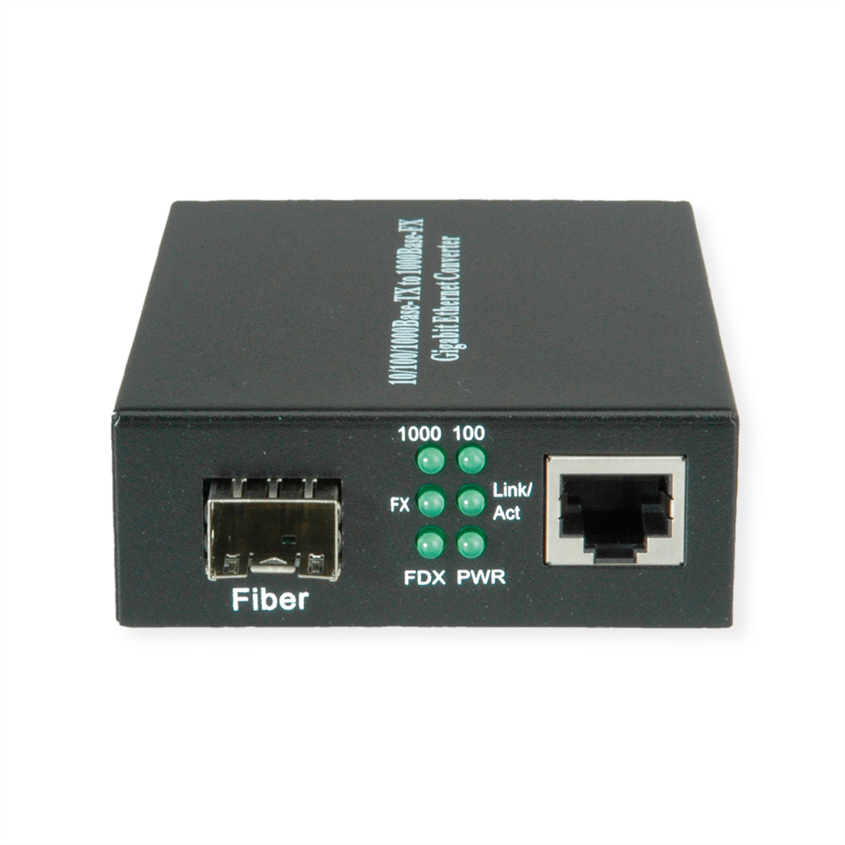 Convertisseur Ethernet Gigabit noir avec voyants FX et Link/Act. Port fibre et Ethernet.