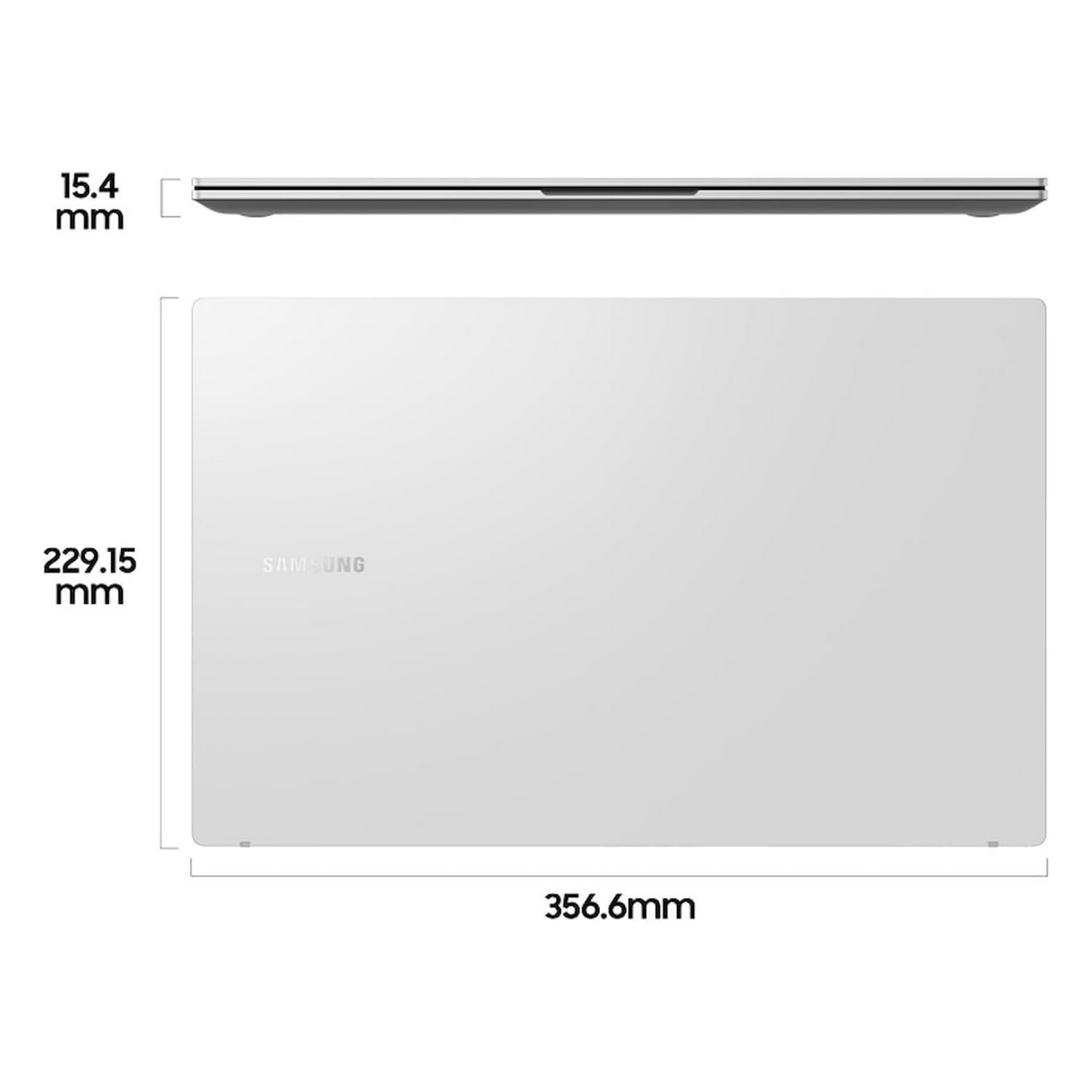 Un laptop bianco con misure dello schermo, tra cui uno spessore di 15,4 mm, e il logo Samsung.