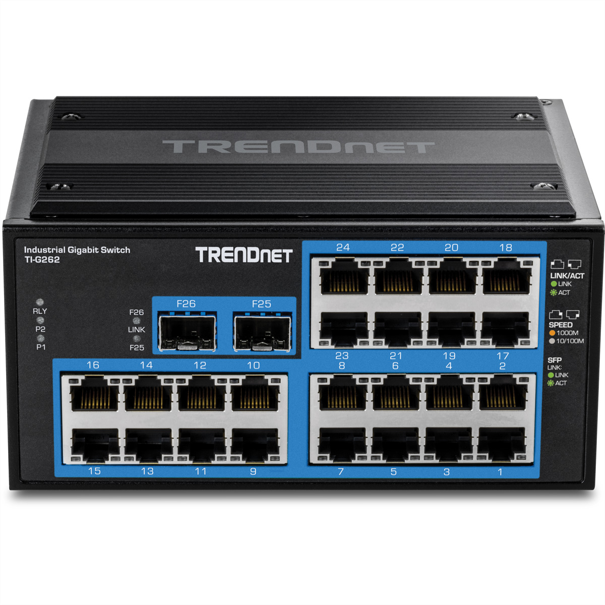 Commutateur Gigabit industriel TRENDnet noir avec de nombreux ports et étiquettes.