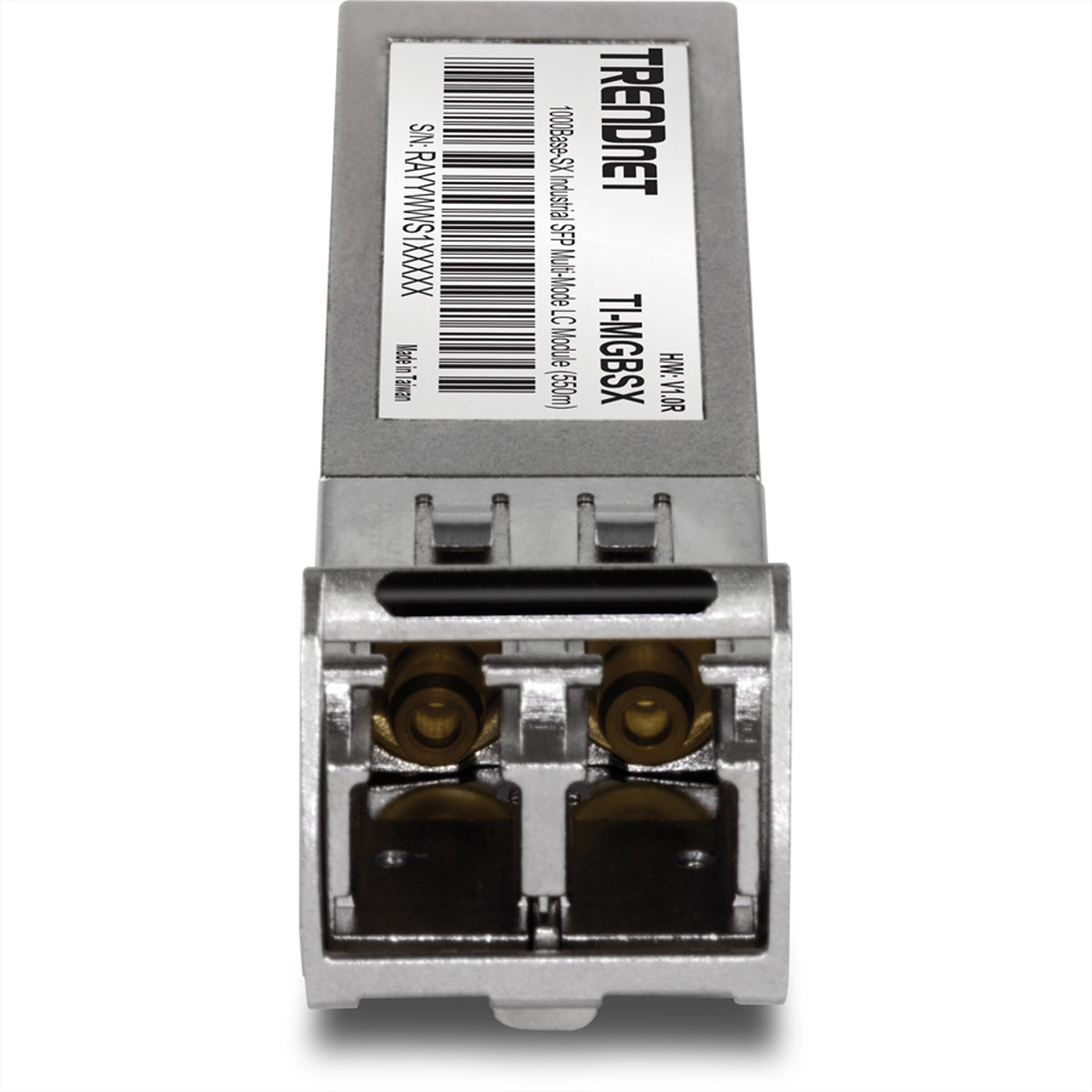 TRENDnet SFP-module. Zilver en zwart met label. Witte achtergrond.