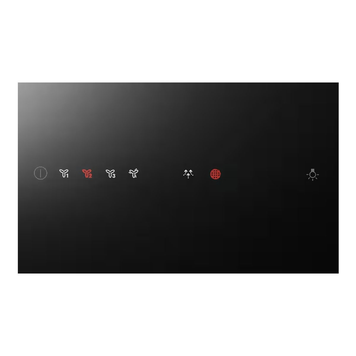 Pannello touch nero con icone. Include icone di alimentazione, ventola, qualità dell'aria e luce.