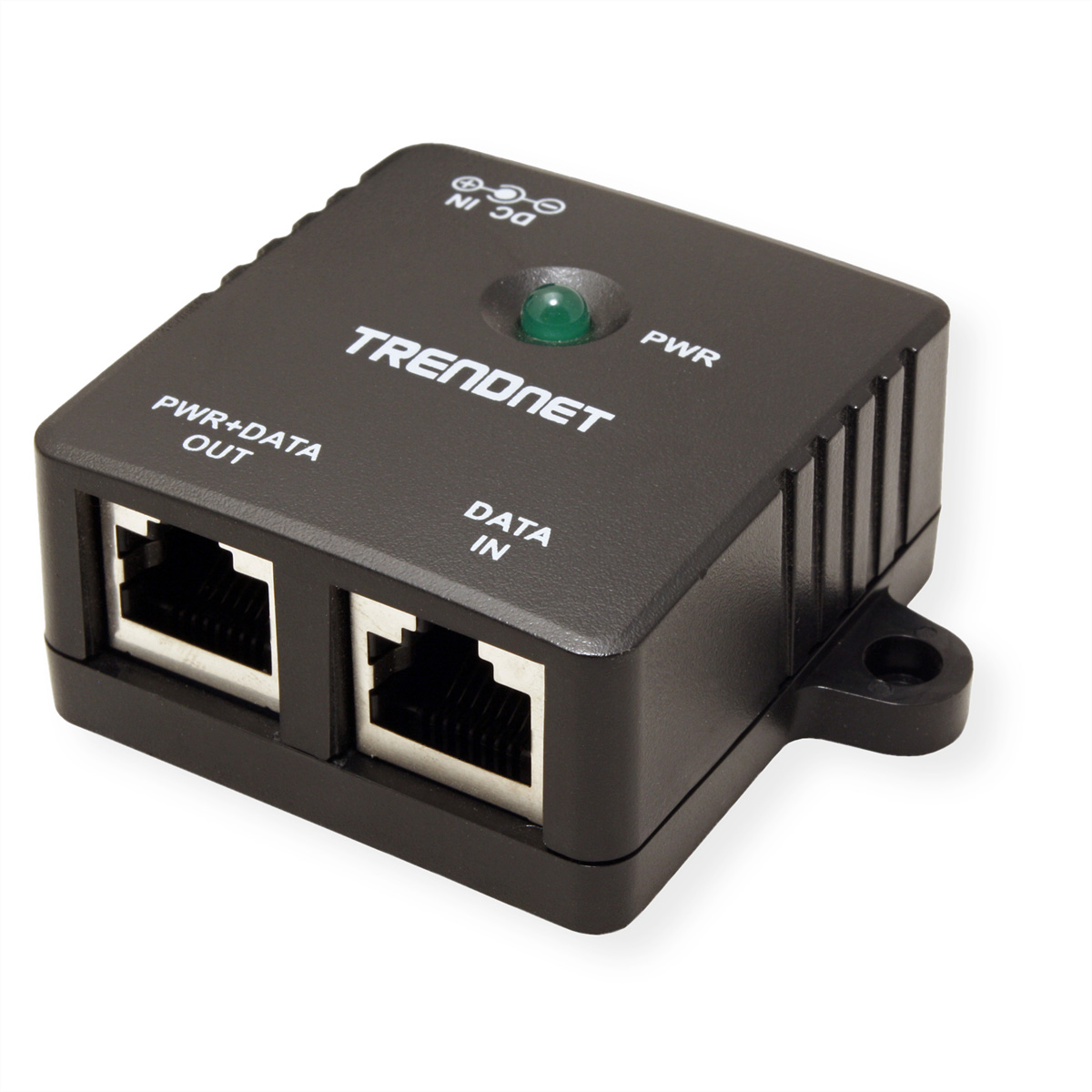 Appareil TRENDnet noir avec deux ports RJ45 et une LED verte d'alimentation.