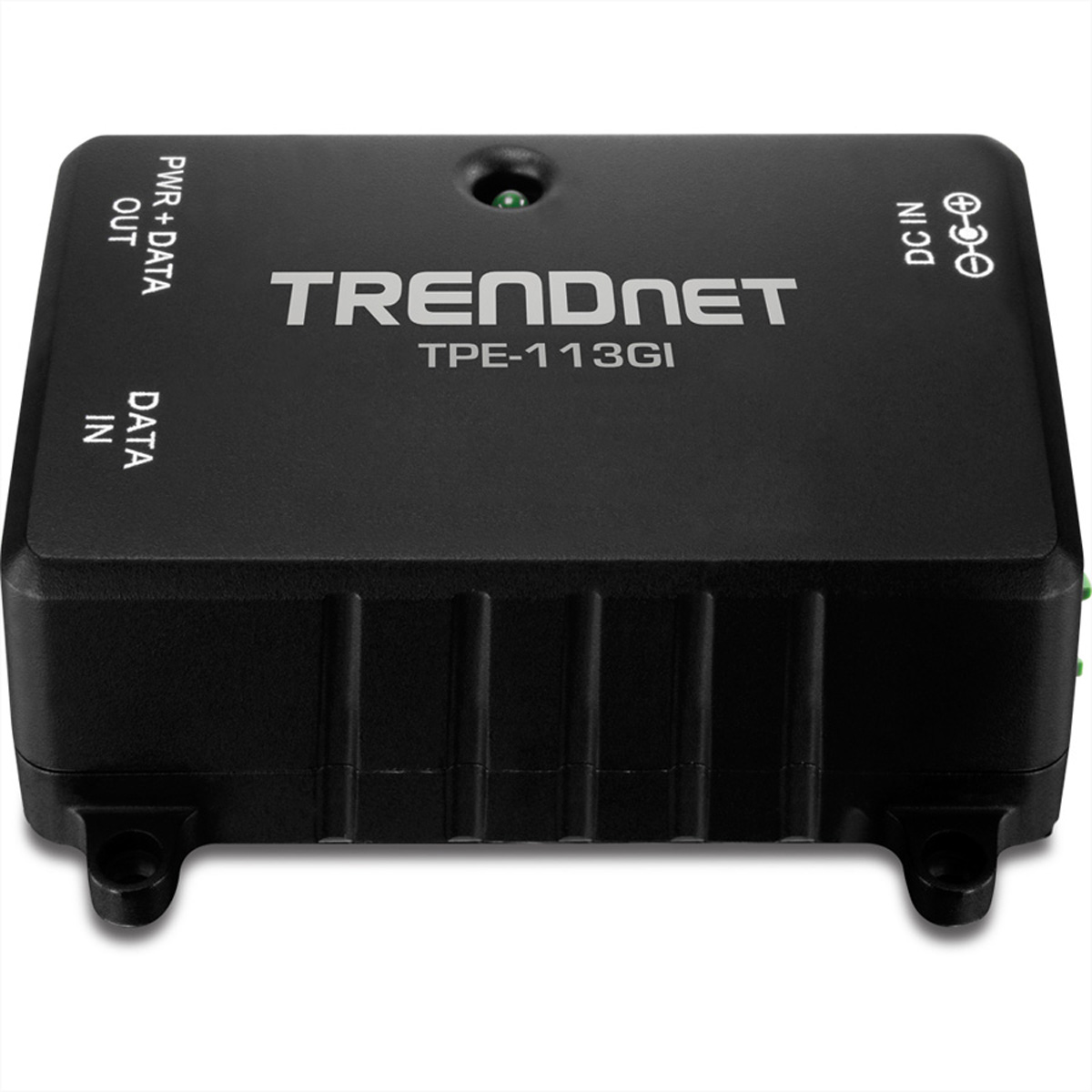 TRENDnet TPE-113GI noir avec étiquettes Data In, Data Out et DC In. L'appareil est rectangulaire.