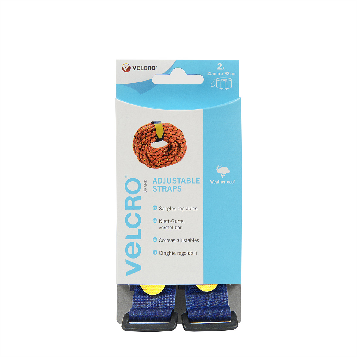 Confezione con due cinghie Velcro regolabili, corda arancione e cinghie blu.