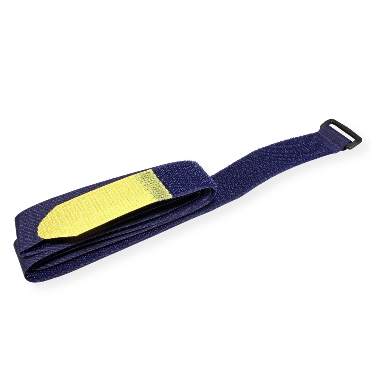 Un cinturino in velcro blu scuro con inserto in velcro giallo e fibbia nera.