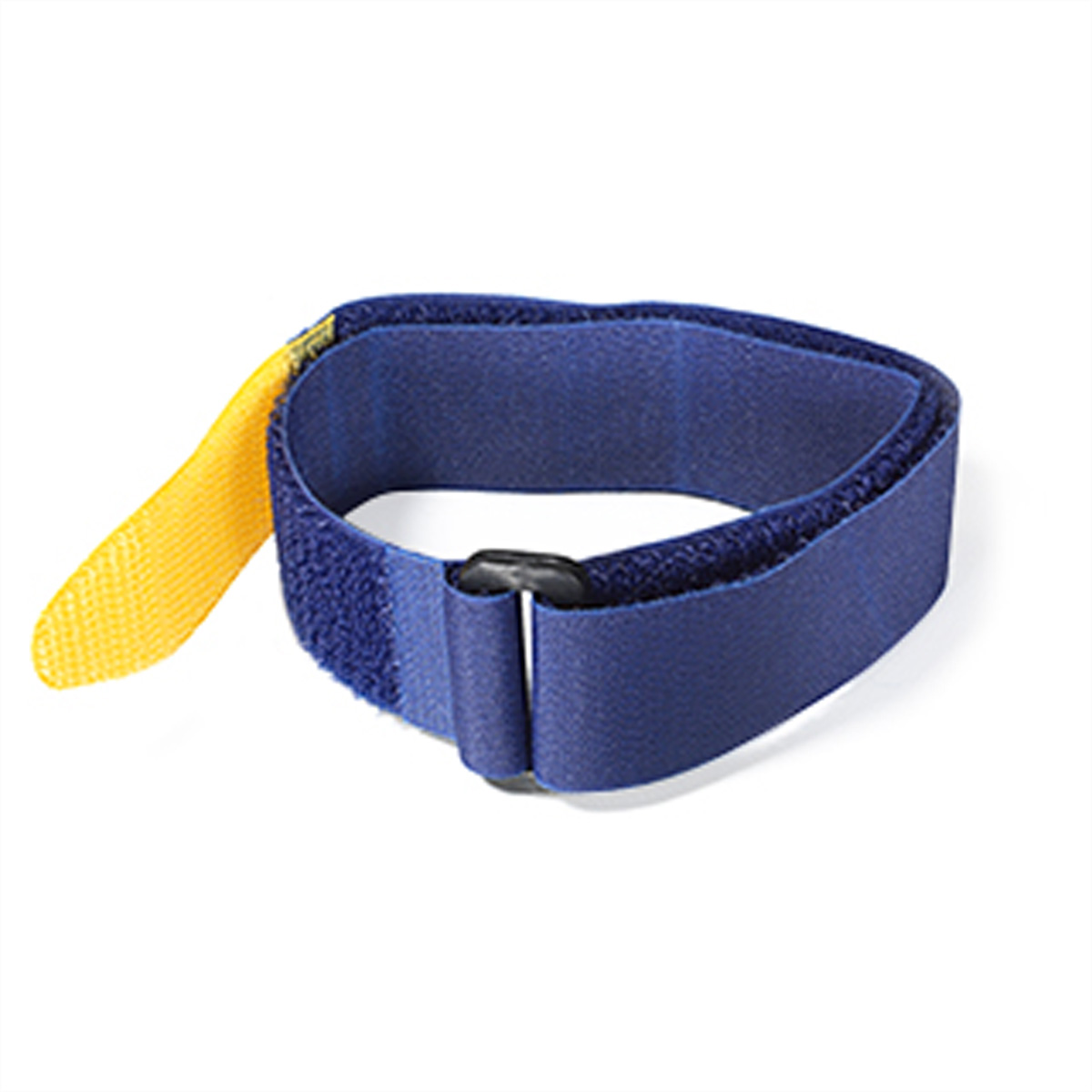 Cinturino blu scuro in velcro con linguetta gialla e fibbia nera.