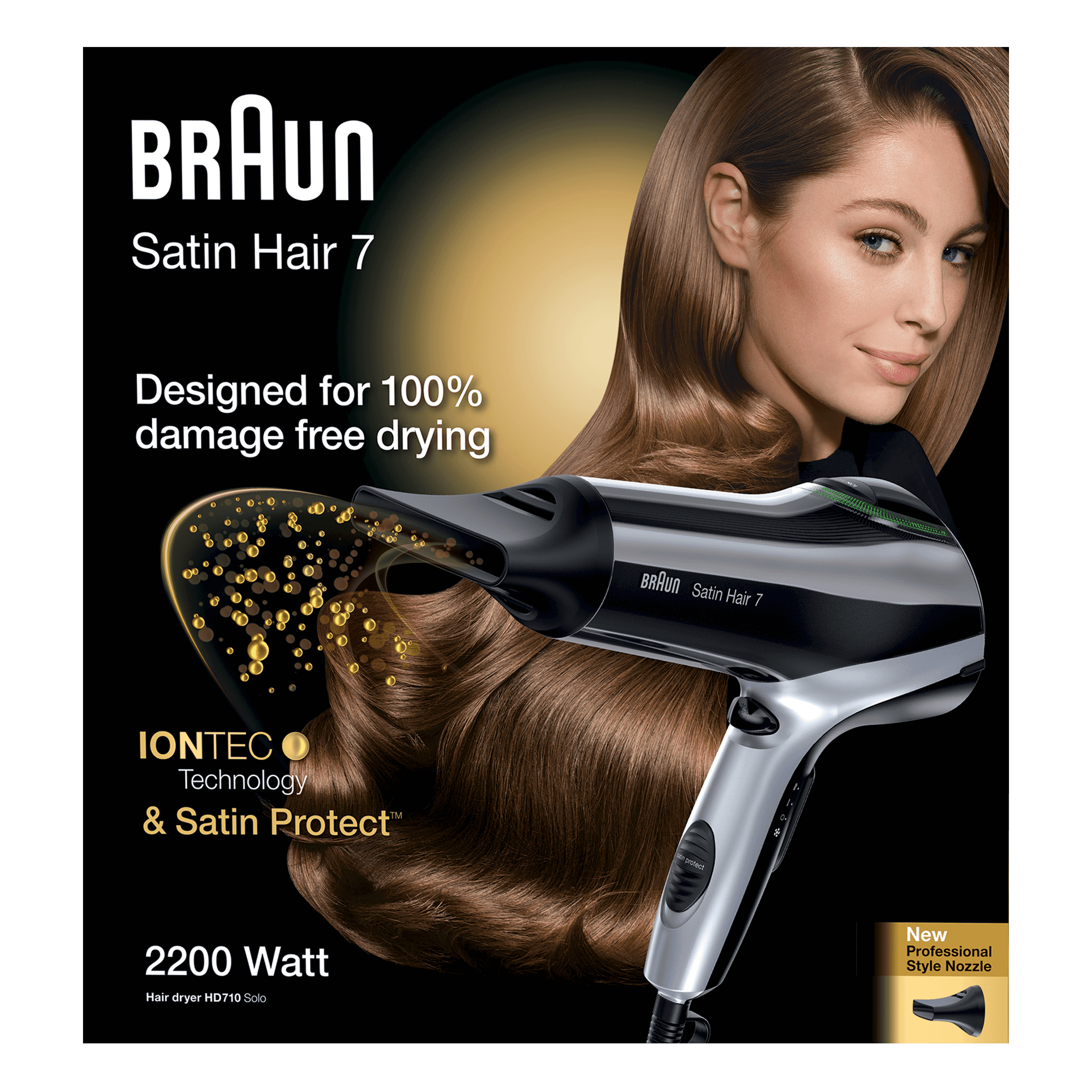 Una donna con capelli castani, un asciugacapelli e testo su sfondo nero.
