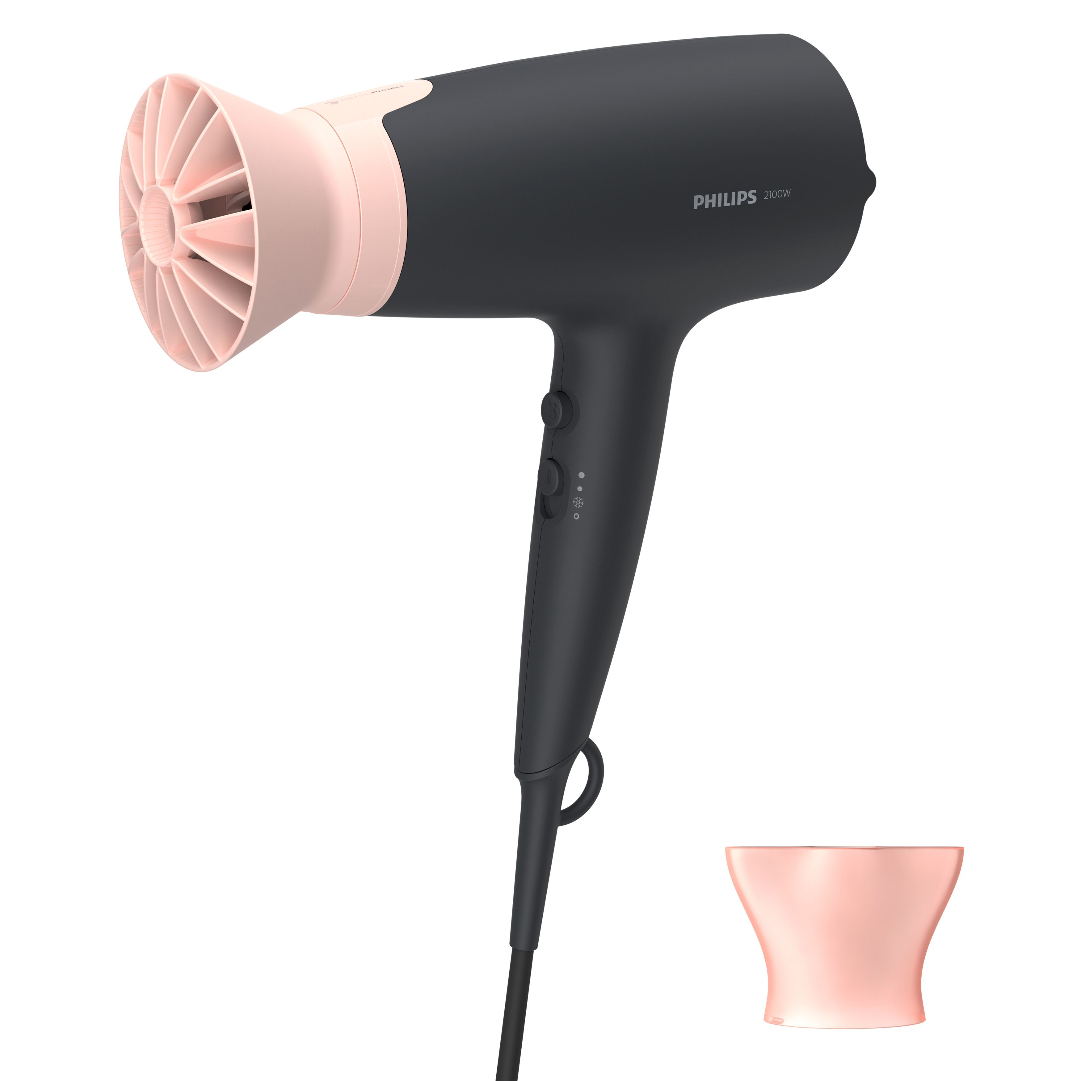 Secador de pelo negro y rosa con boquilla rosa desmontable, sobre fondo blanco.