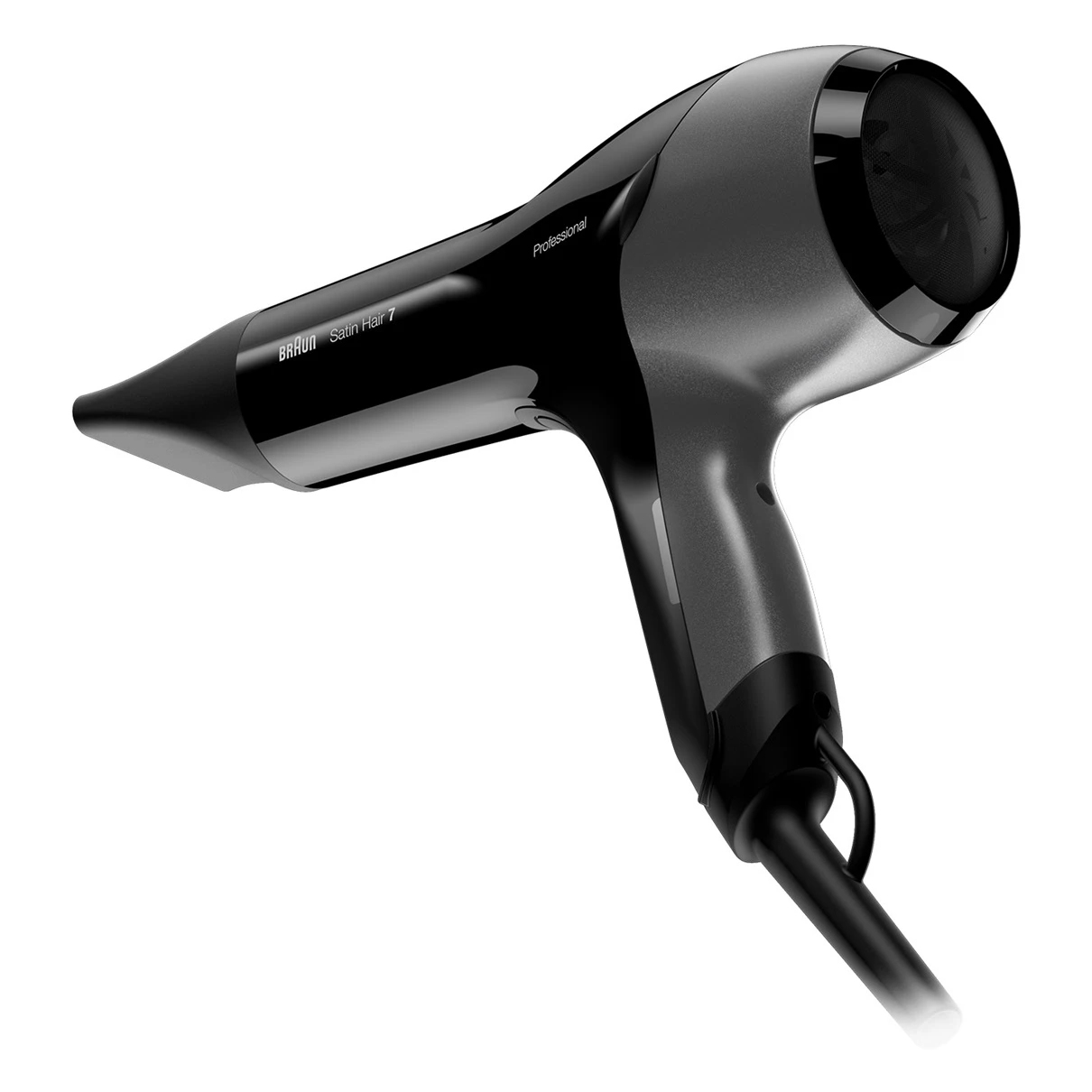 Asciugacapelli nero e grigio, modello Braun Satin Hair 7, su sfondo bianco.