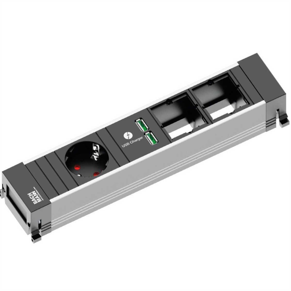 Srebrne i czarne gniazdo z portami USB. Białe tło.