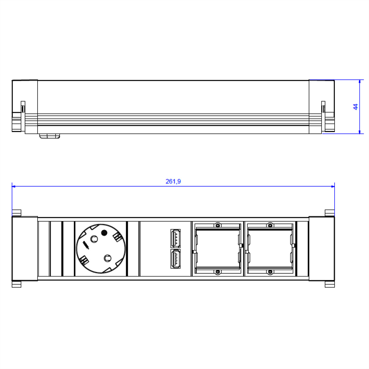 Rysunek techniczny urządzenia z wymiarami: 261.9 i 44 mm.