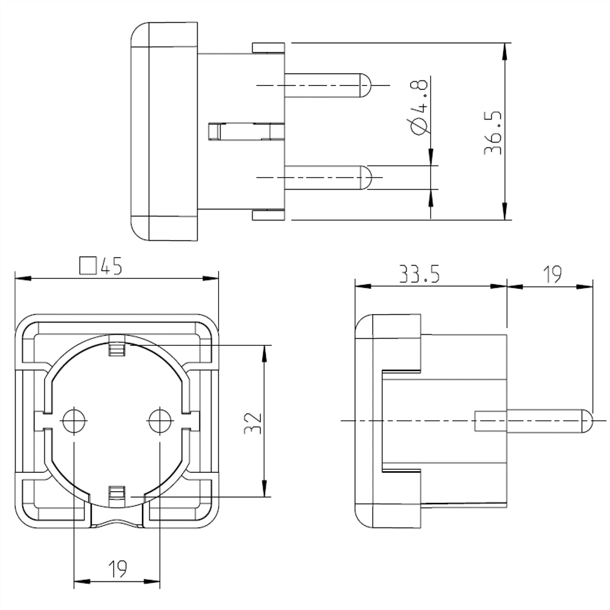 Technische tekening van een stopcontact. Afmetingen en dimensies zijn aangegeven.