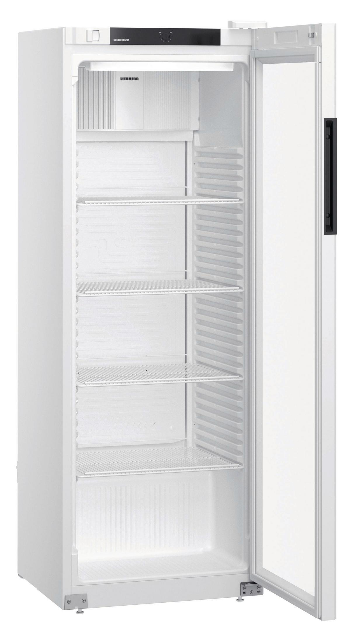 Frigorifero Liebherr bianco, porta socchiusa, ripiani vuoti. La porta ha una maniglia nera e un pannello di vetro.