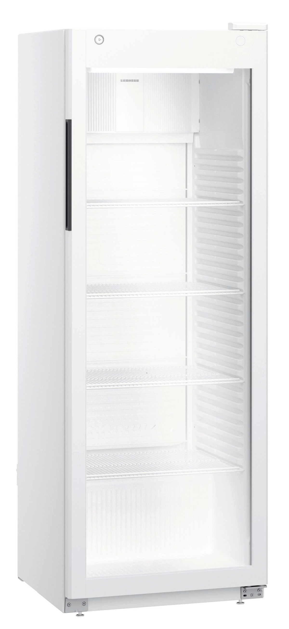 Frigorifero Liebherr bianco, porta socchiusa, ripiani vuoti. La porta ha una maniglia nera e un pannello di vetro.