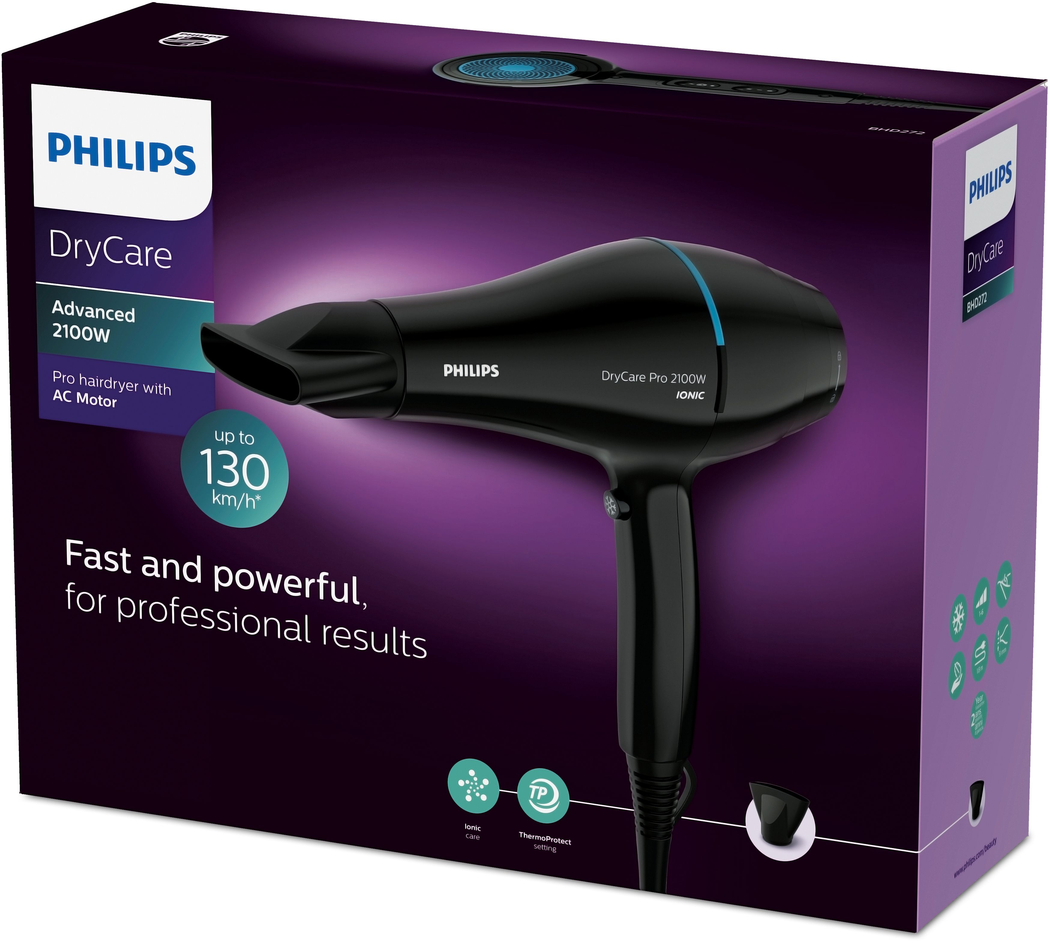 Czarno-niebieska suszarka do włosów w pudełku z napisem 'DryCare Advanced 2100W' i 'Philips'.