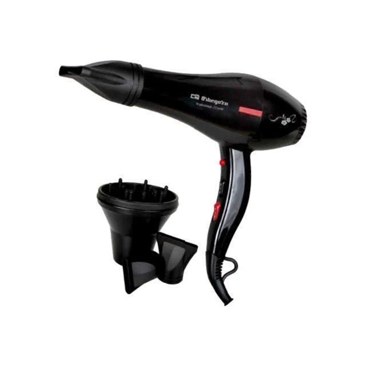 Czarna suszarka do włosów z dyfuzorem i dwoma nasadkami.