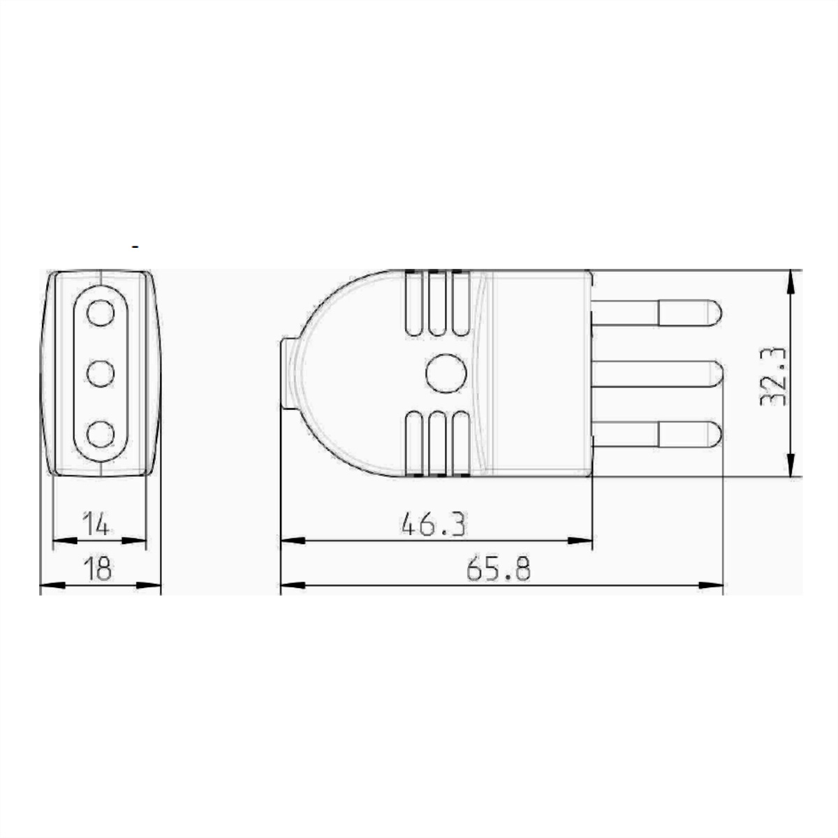 Un disegno tecnico di una spina, con dimensioni. Sono visibili due cerchi e tre pin metallici.