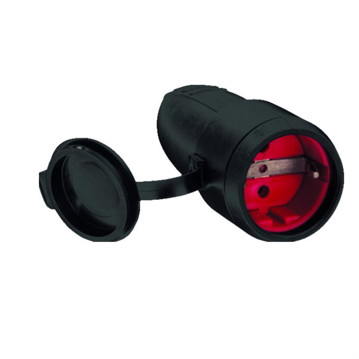 Zwarte contactdoos met een rood interieur en een scharnierende klep, open om de interne contacten te tonen.
