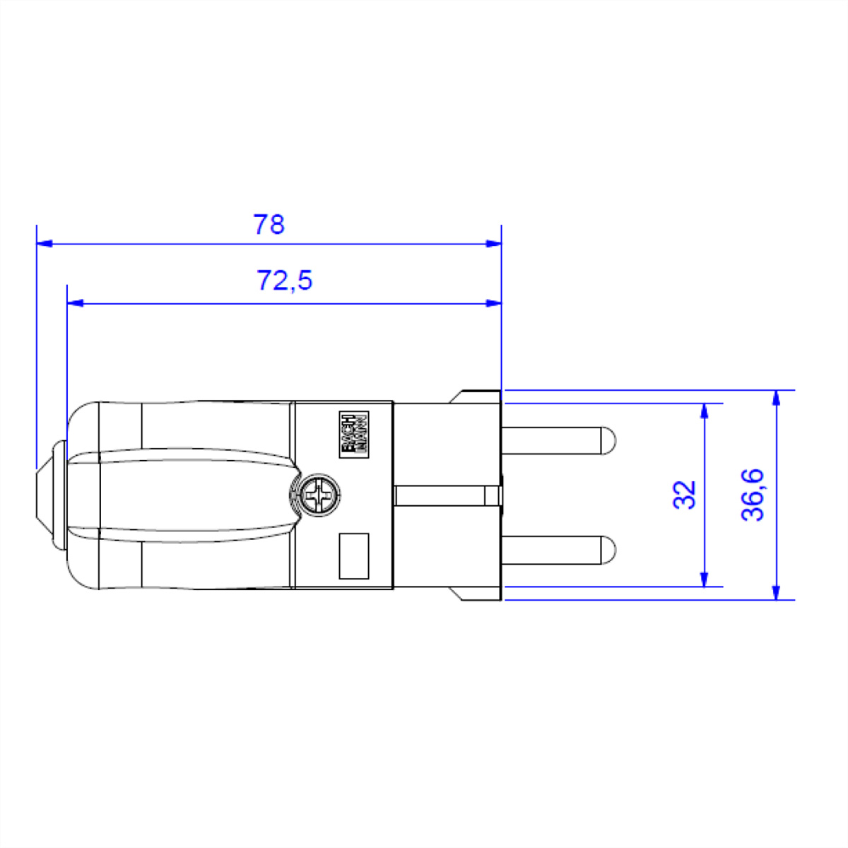 Bovenaanzichtdiagram van een stekker met afmetingen. Afmetingen: 78 mm, 72,5 mm, 32 mm en 36,6 mm.