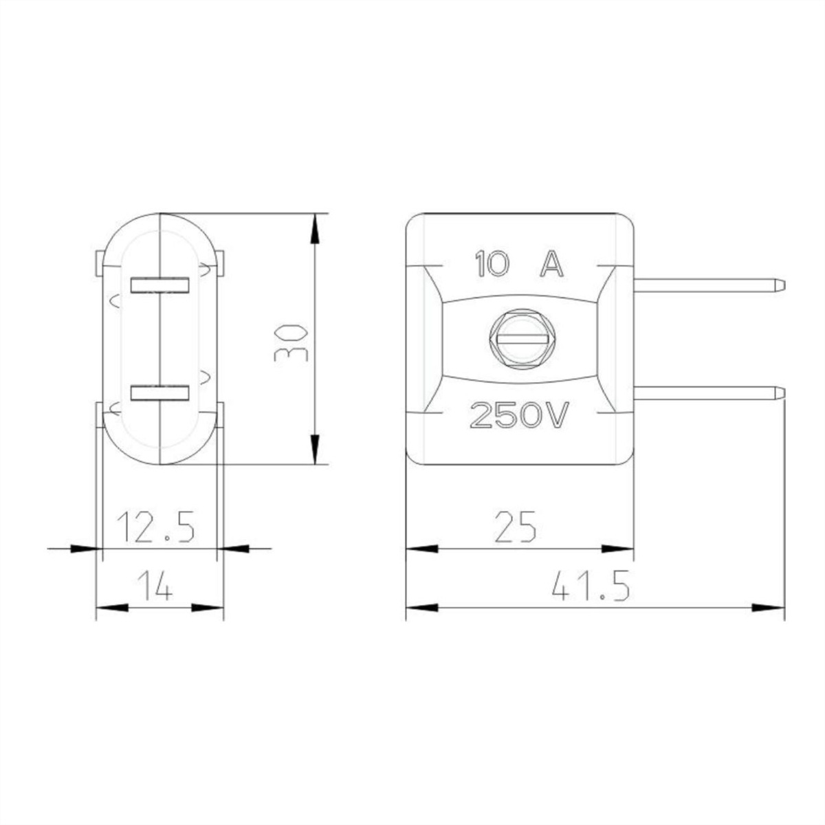 Technische tekening van een 10A 250V-stekker, met afmetingen in mm.
