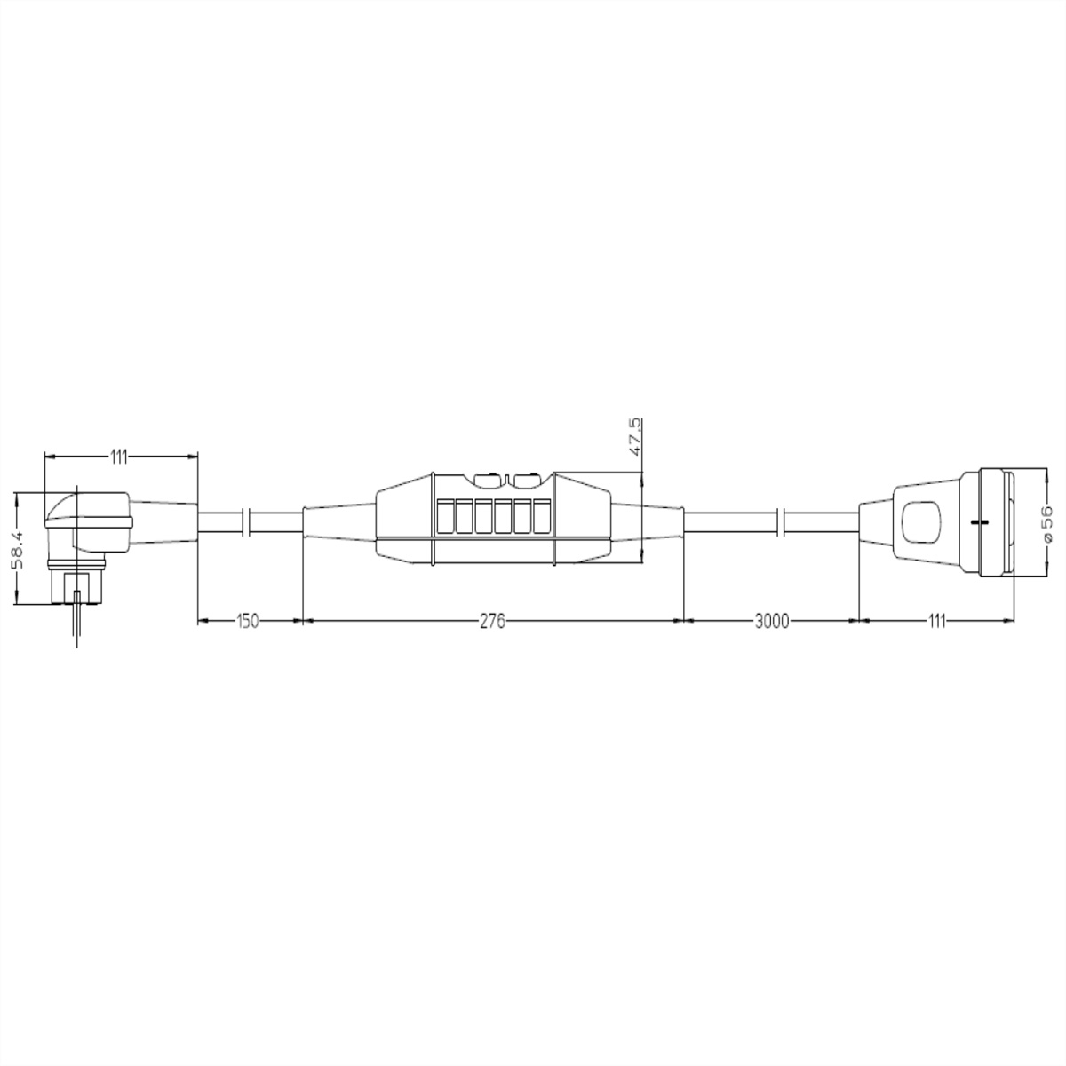 Technische tekening van een kabel met connectoren en afmetingen.
