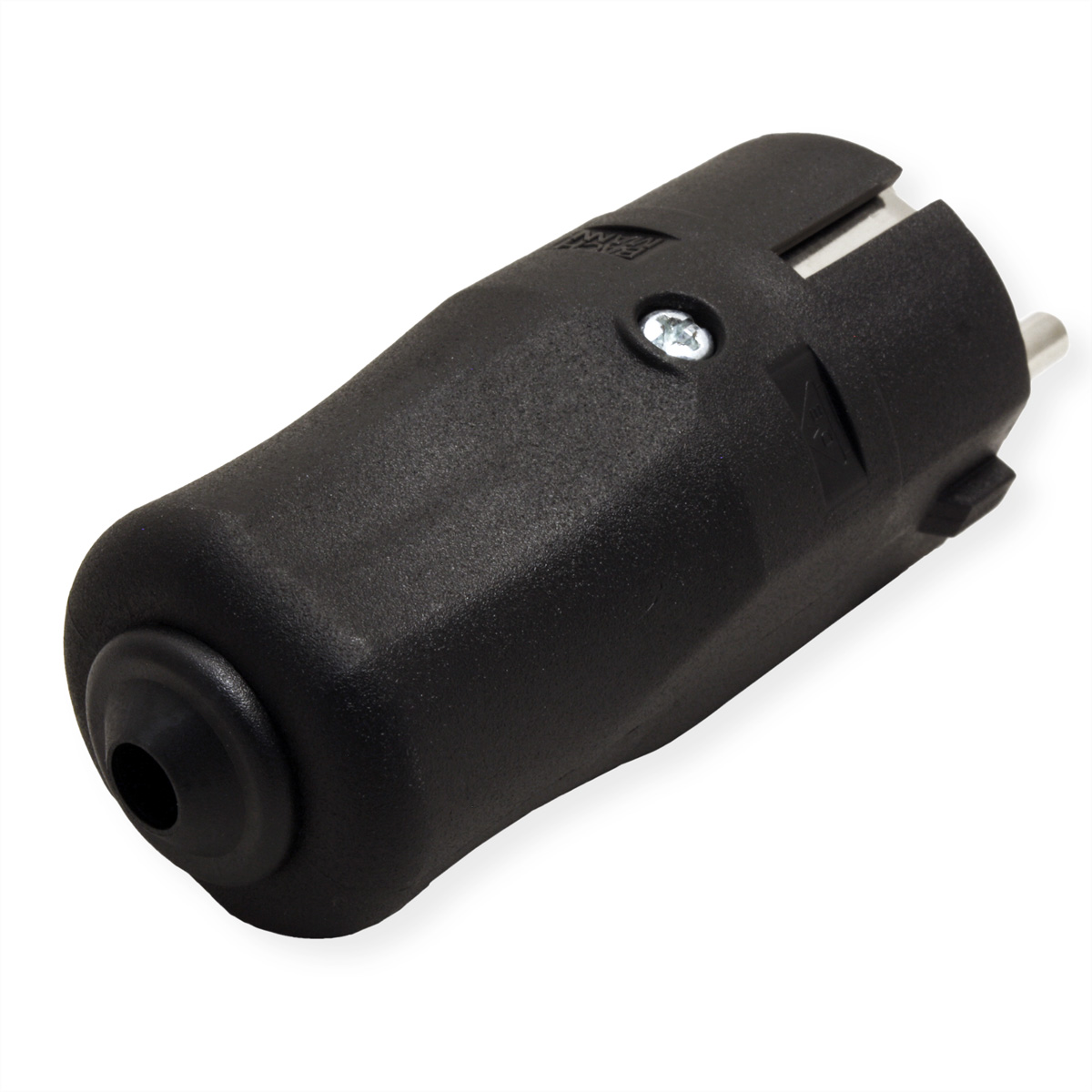 Zwarte plastic connector met een schroef en een metalen pin.