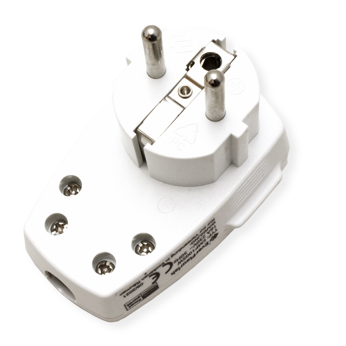 Witte elektrische adapter met drie pinnen. De basis heeft meerdere gaten.
