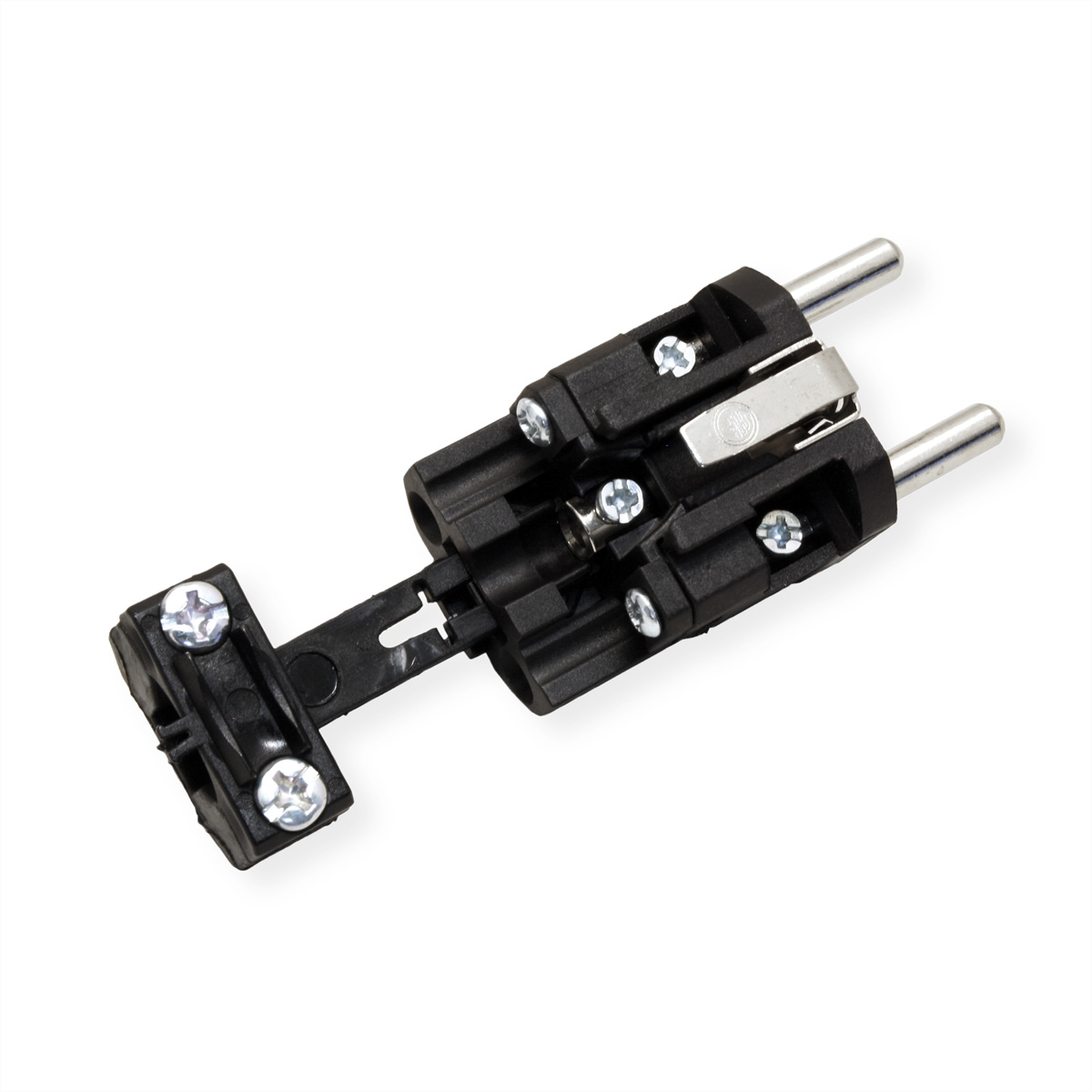 Zwarte elektrische connector met pinnen, schroeven en een plastic stuk, op een witte achtergrond.