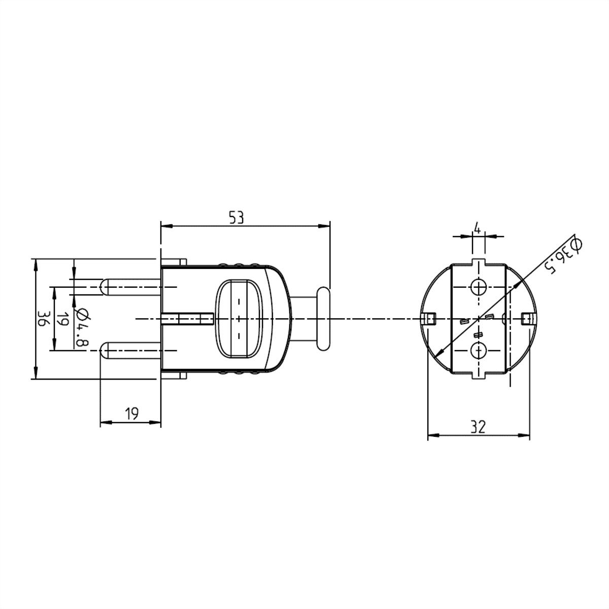 Technische tekening van een elektrische stekker met twee pinnen, afmetingen en maten zijn zichtbaar.