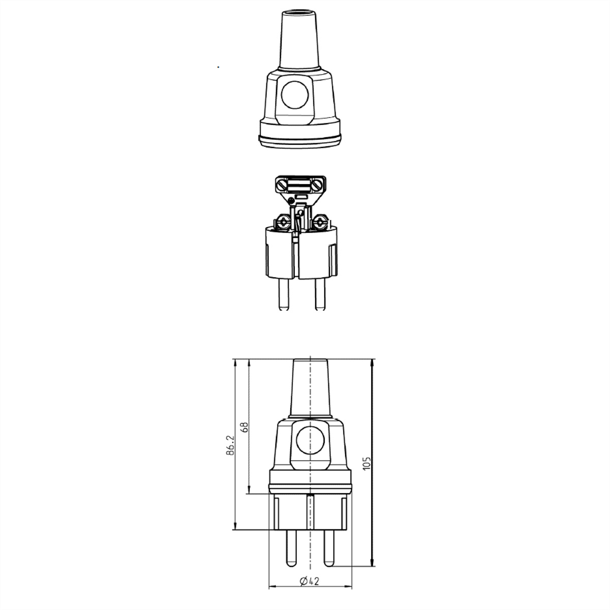 Technische tekening van een elektrische stekker en gerelateerde afmetingen.