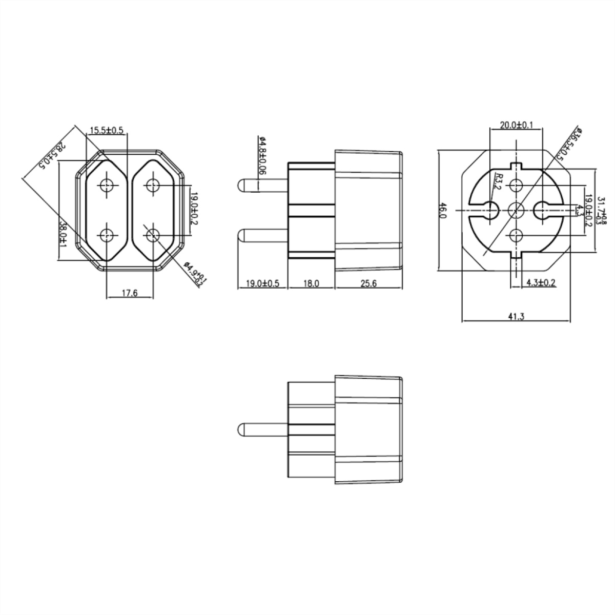 Technische tekening van een elektrische stekker met afmetingen.