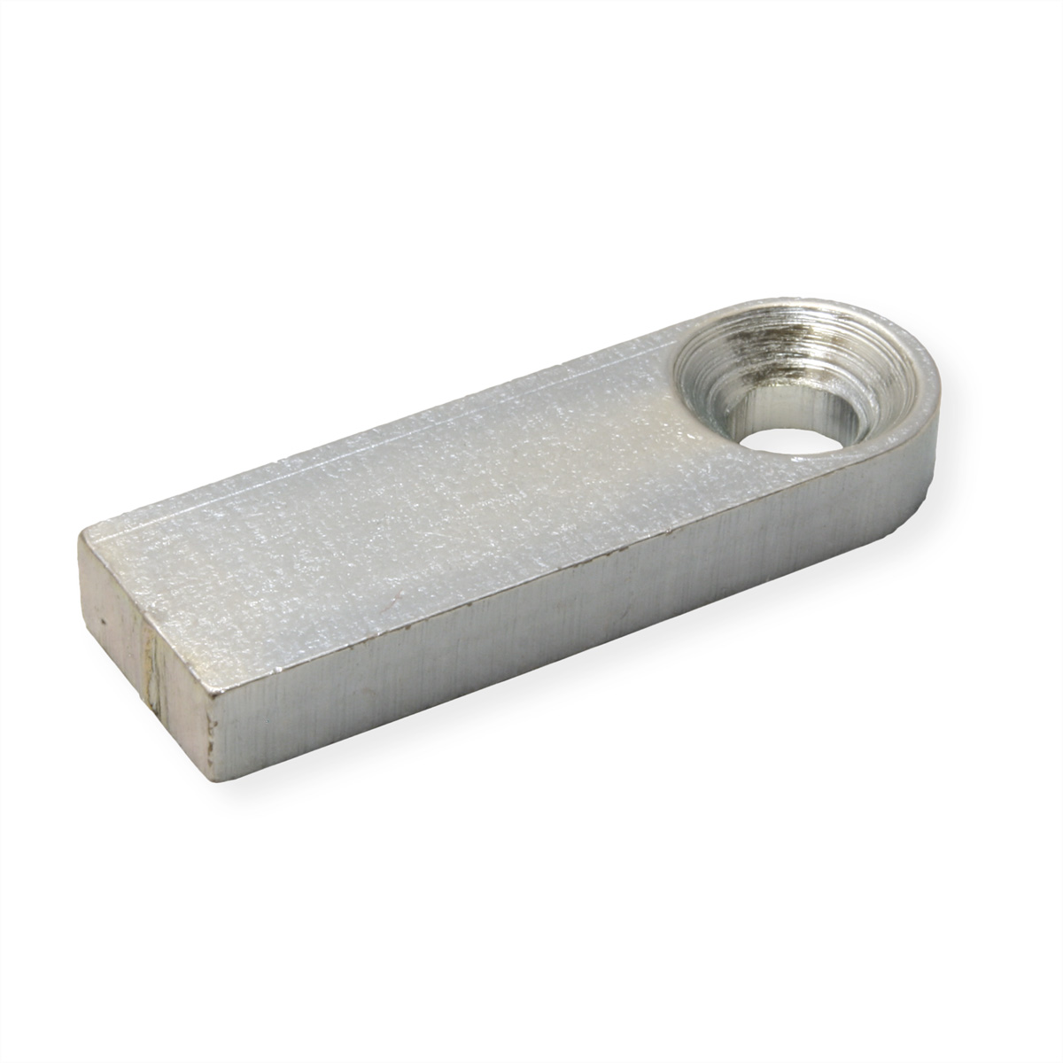 Zilveren metalen onderdeel met een gat. Op een witte achtergrond.