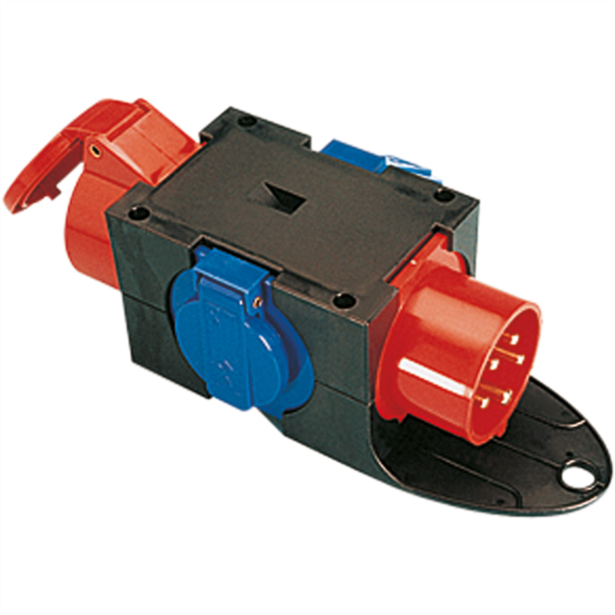 Connettore elettrico nero e rosso con più porte e una base.