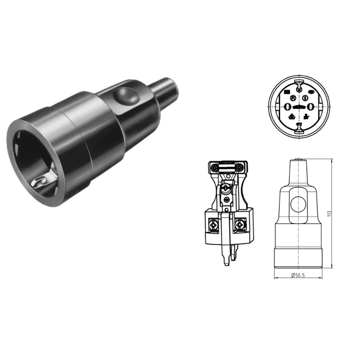 Zwarte elektrische connector met een cilindrisch lichaam en een configuratie met meerdere pinnen, technische tekening.