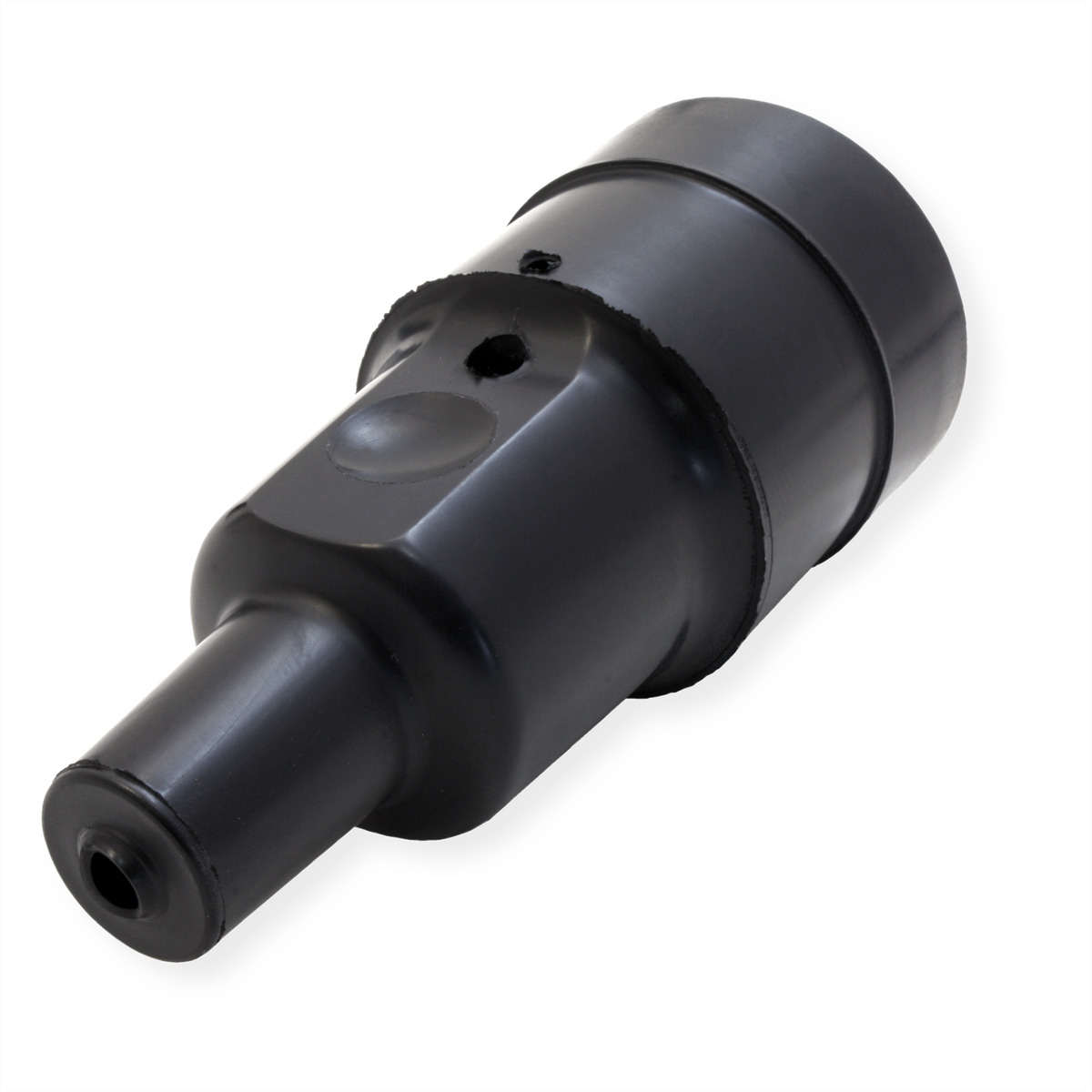 Zwarte connector met een cilindrisch lichaam en een taps toelopend uiteinde. Het heeft een klein gaatje.