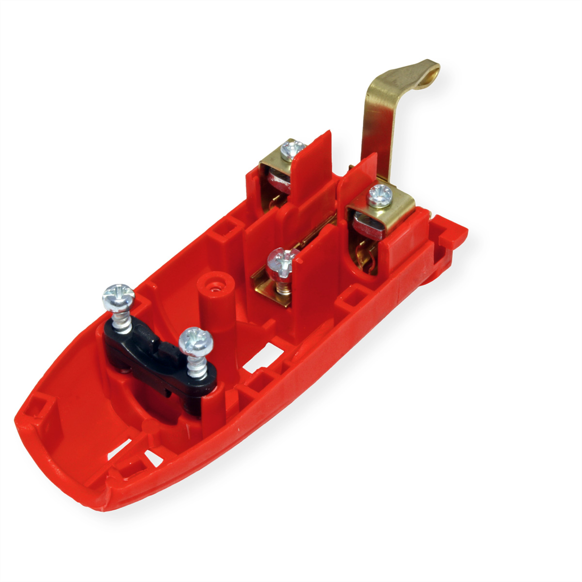 Een rode, open elektrische component met schroeven en metalen connectoren.