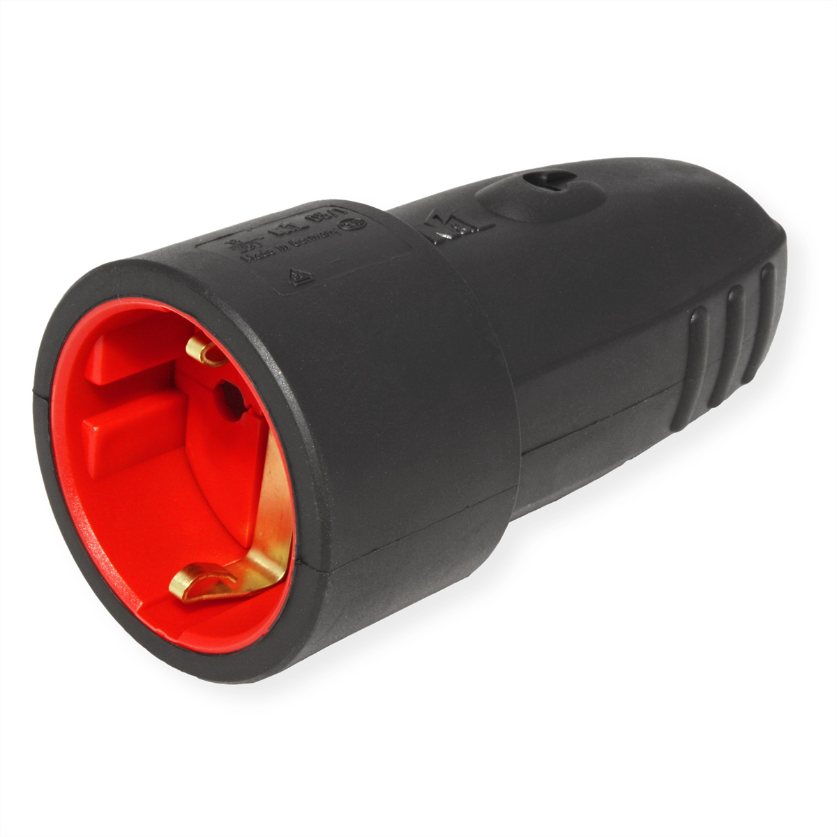 Zwarte en rode Europese stopcontactadapter op witte achtergrond.