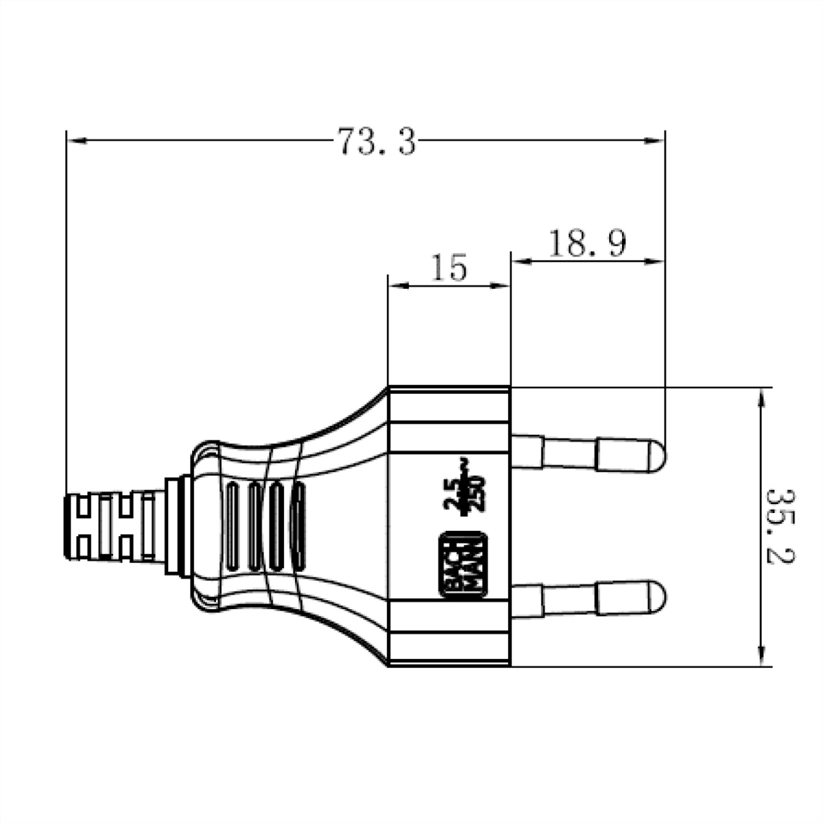 Technische tekening van een stekker met afmetingen. Witte achtergrond.