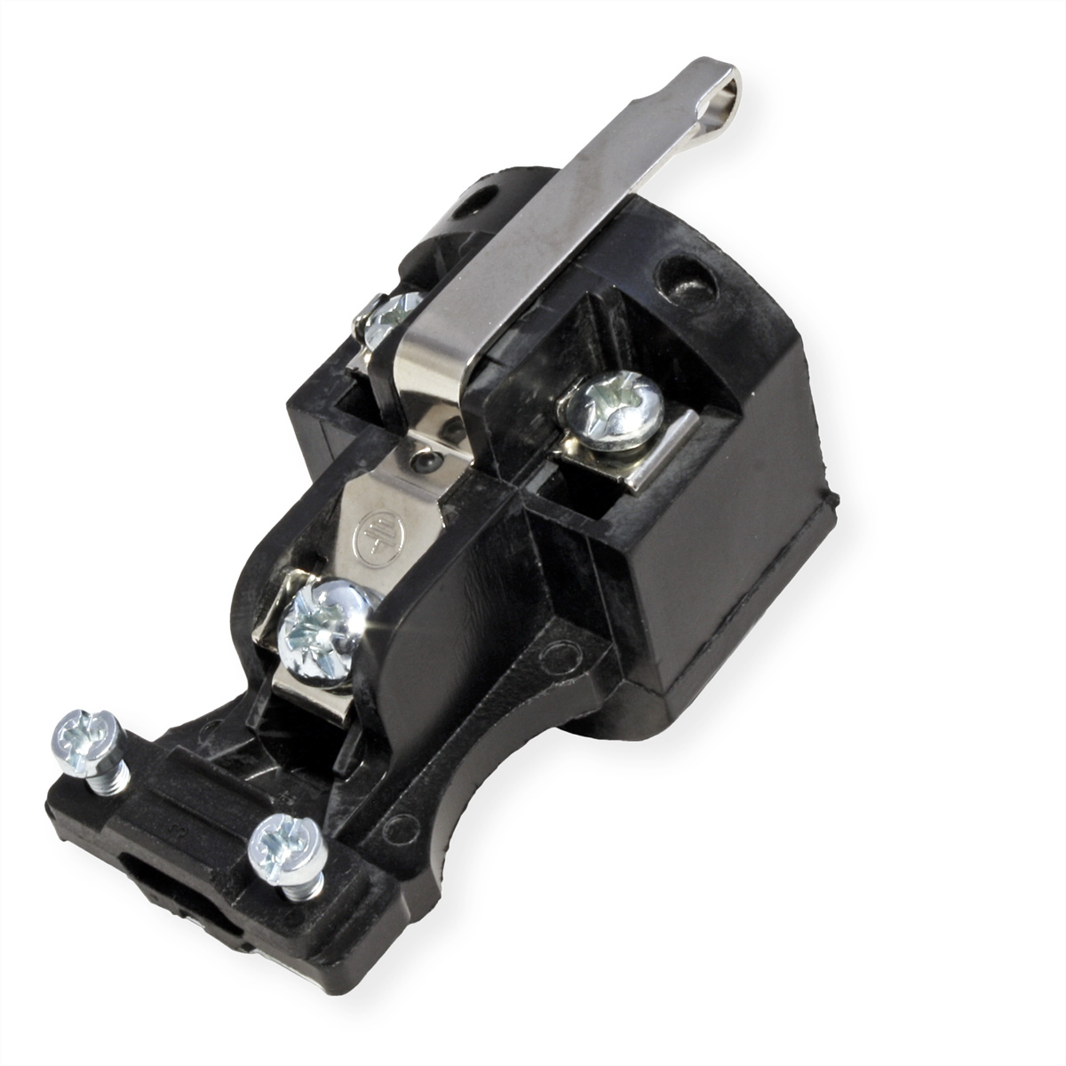 Zwarte voedingsconnector met schroeven en een metalen clip. Witte achtergrond.