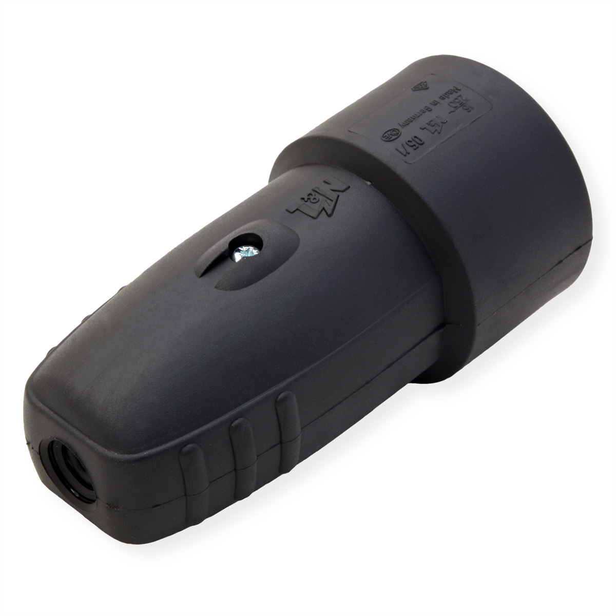 Zwart plastic apparaat met een cilindrisch uiteinde en een smaller taps toelopend uiteinde op een witte achtergrond.