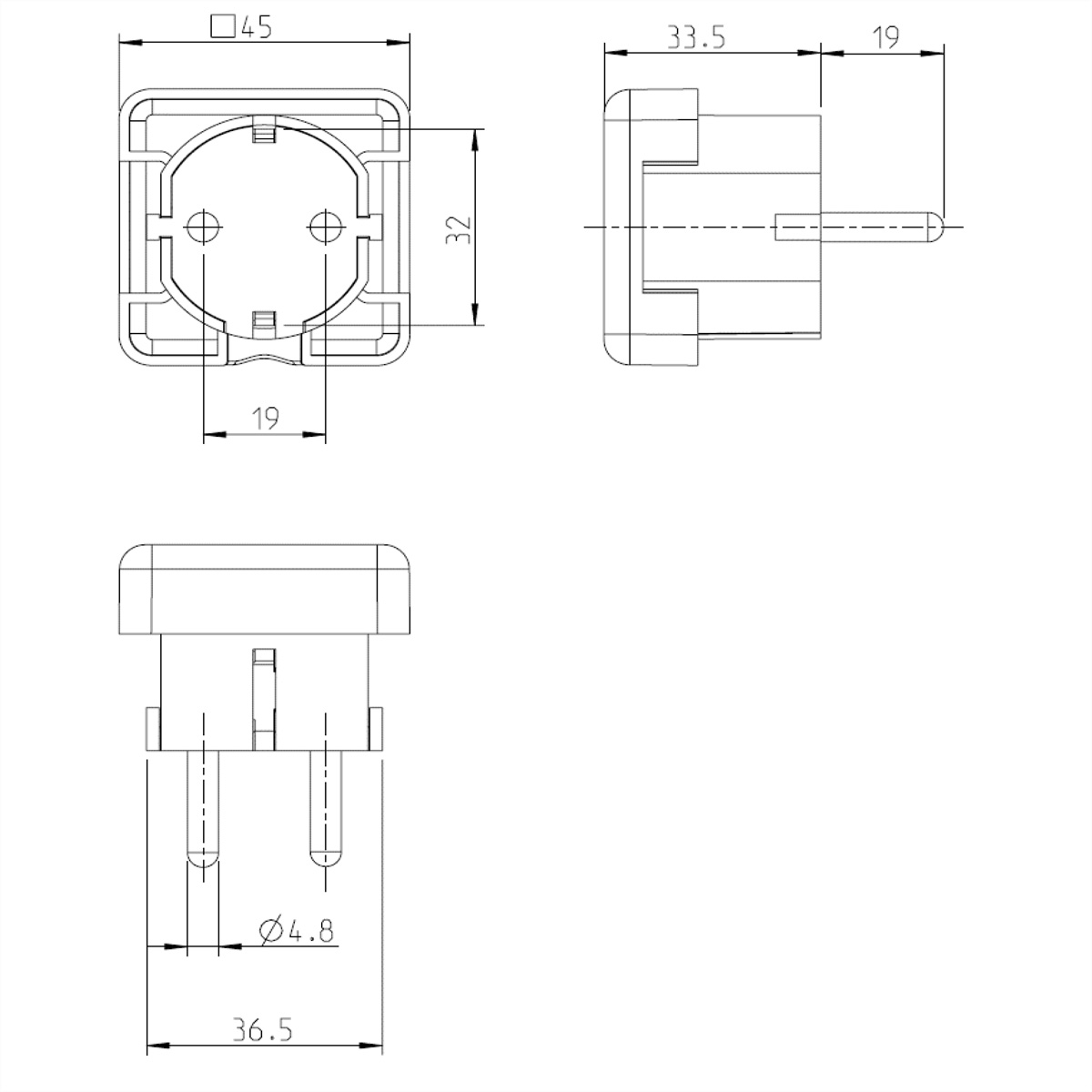 Technische tekening van een stopcontact met afmetingen en een zijaanzicht met afmetingen op wit.