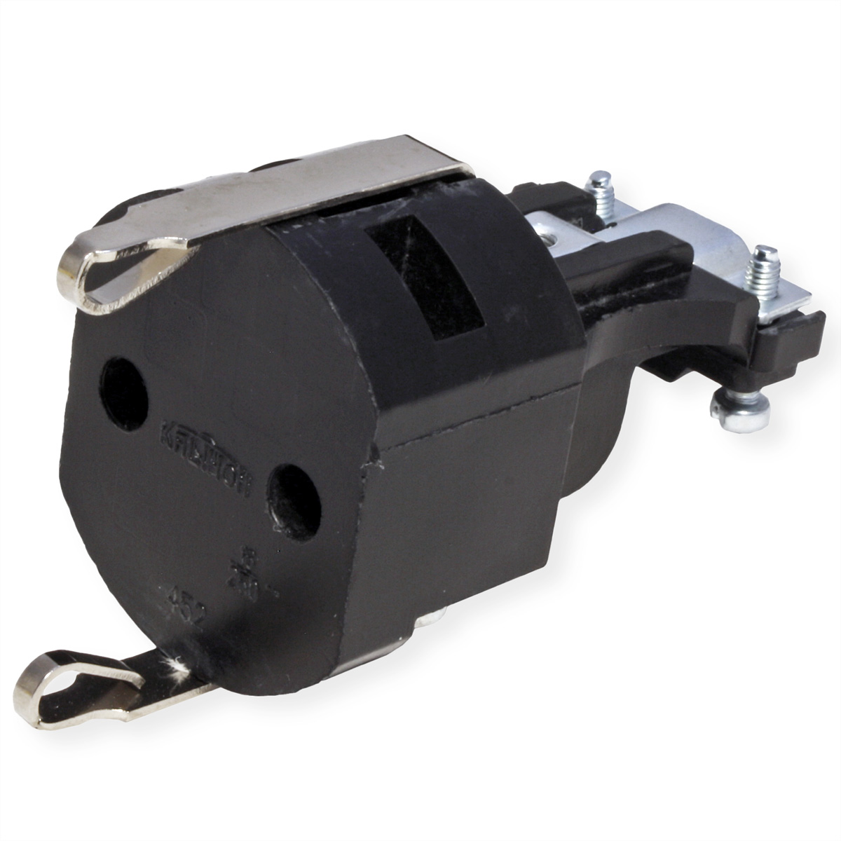 Zwarte elektrische connector met metalen clips en schroeven. Markeringen zijn zichtbaar.
