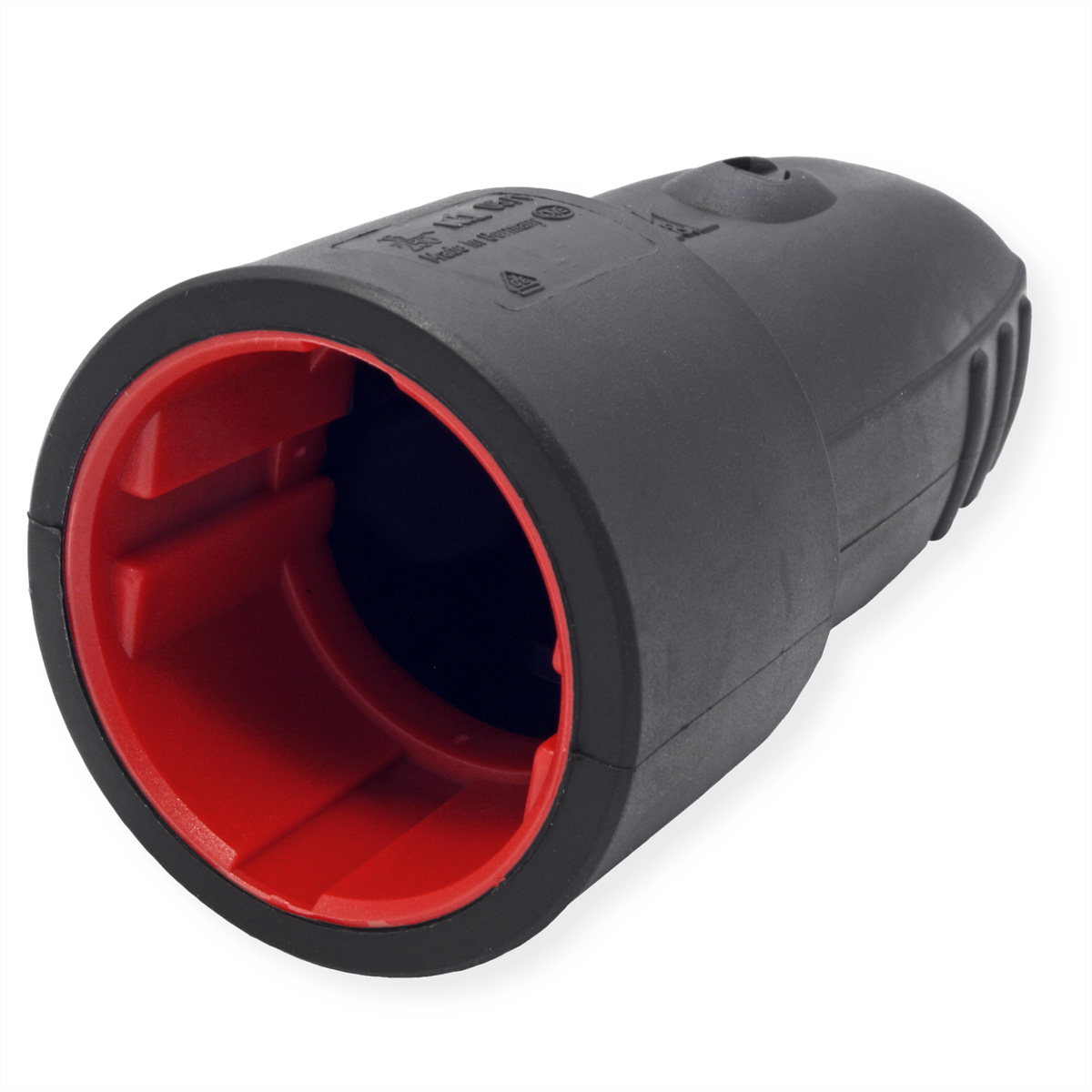 Zwarte en rode elektrische connector. Binnenkant rood, buitenkant zwart, met tekst.