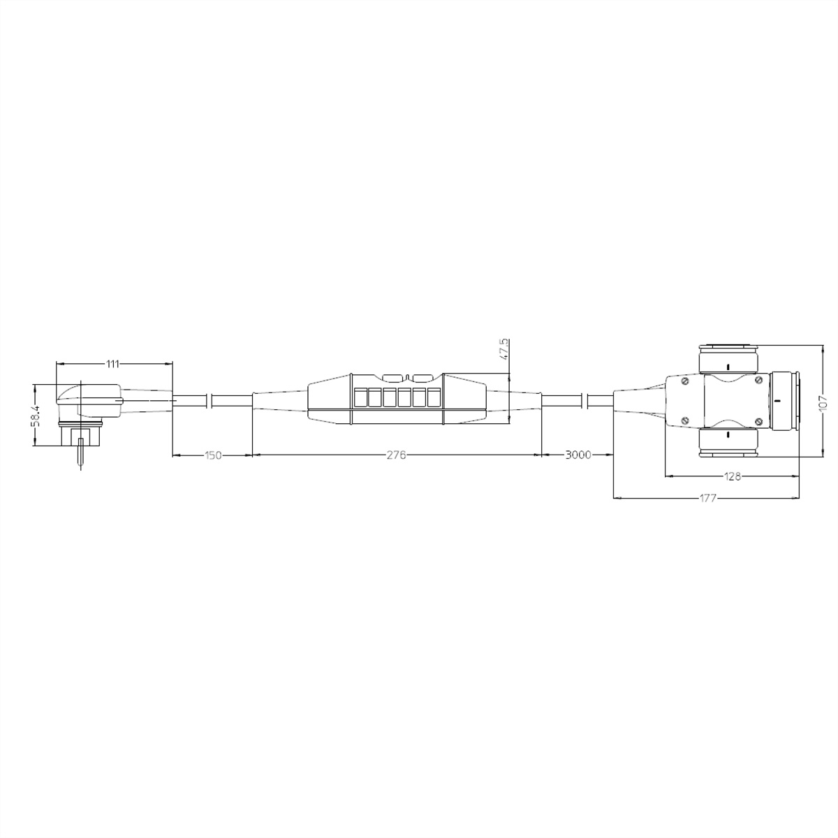 Technische tekening van een kabel met connectoren en afmetingen.